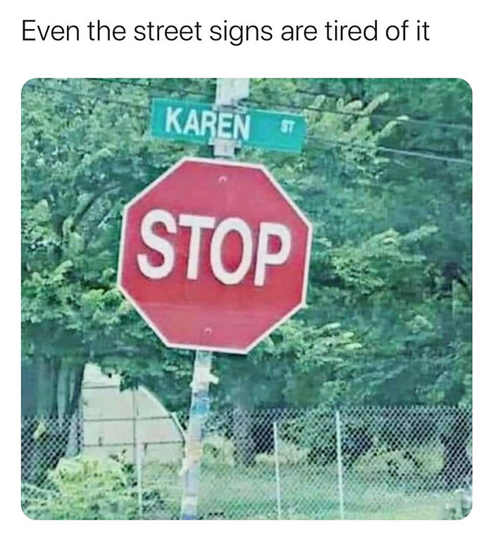 funny pics and memes - street sign - Even the street signs are tired of it Karen St Stop
