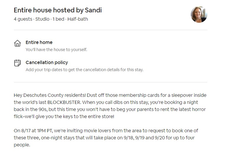 document - Entire house hosted by Sandi 4 guests Studio. 1 bed. Halfbath Entire home You'll have the house to yourself. Cancellation policy Add your trip dates to get the cancellation details for this stay. Hey Deschutes County residents! Dust off those m