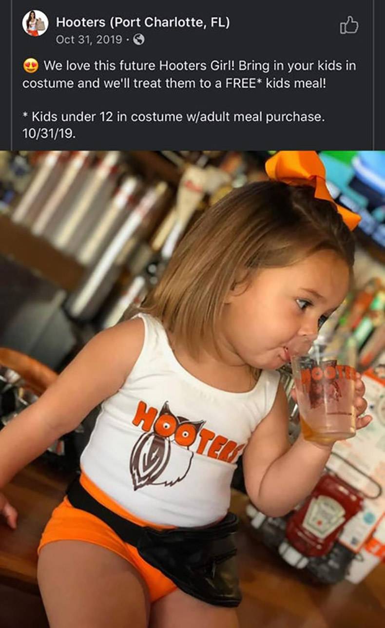 girl - Hooters Port Charlotte, Fl We love this future Hooters Girl! Bring in your kids in costume and we'll treat them to a Free kids meal! Kids under 12 in costume wadult meal purchase. 103119. Hosters
