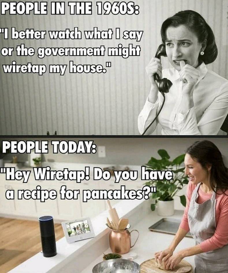 kitchen echo dot - People In The 1960S8 I better watch what I say or the government might wiretap my house." People Today! "Hey Wiretap Do you have a recipe for pancakes?"