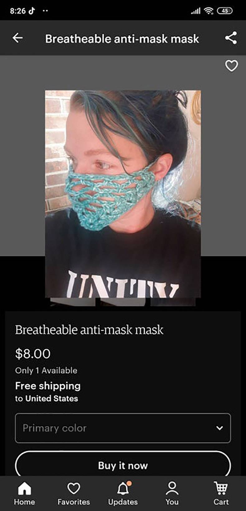 poster - 45 Breatheable antimask mask Breatheable antimask mask $8.00 Only 1 Available Free shipping to United States Primary color Buy it now Home Favorites Updates You Cart