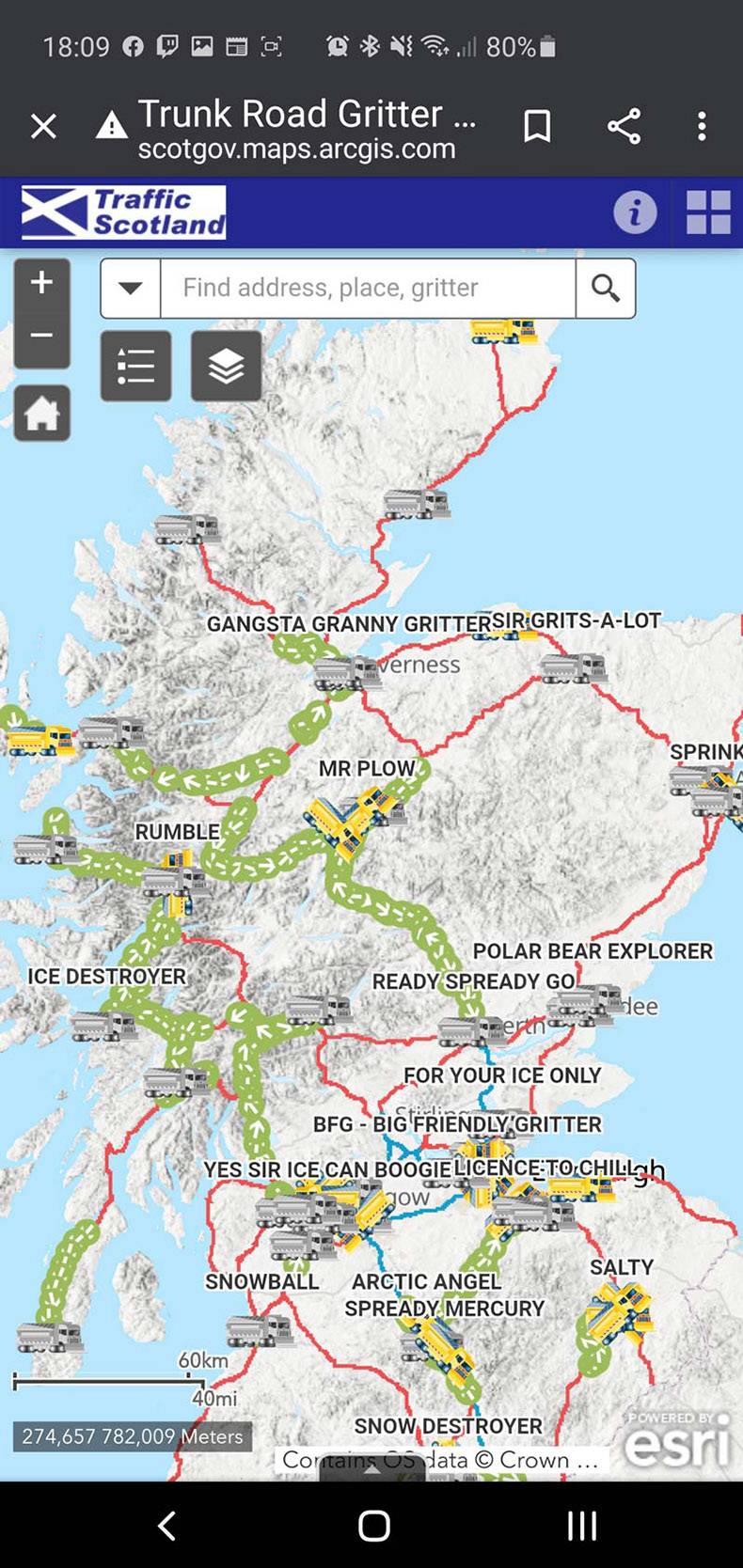 map - Perill 80% ... Trunk Road Gritter .. scotgov.maps.arcgis.com Traffic Scotland i Find address, place, gritter Gangsta Granny Grittersir GritsALot Verness Sprink Mr Plow Rumble Ro Ice Destroyer Polar Bear Explorer Ready Spready Gol Wee een of For Your