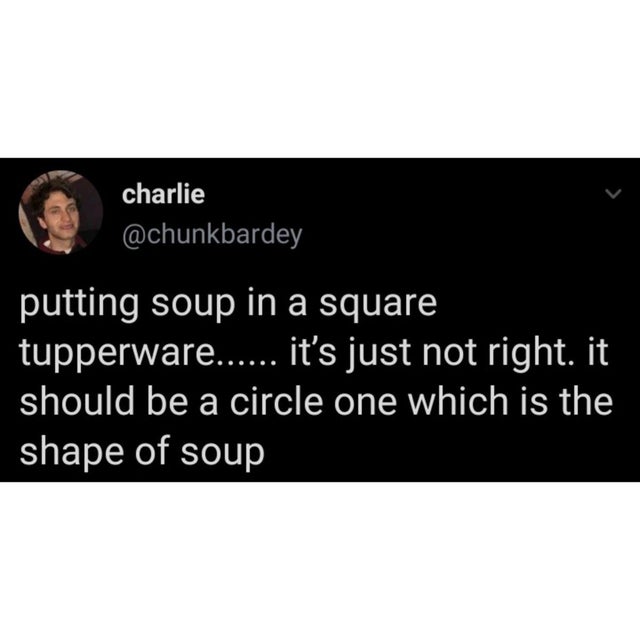funny pics - multimedia - charlie putting soup in a square tupperware...... it's just not right. it should be a circle one which is the shape of soup