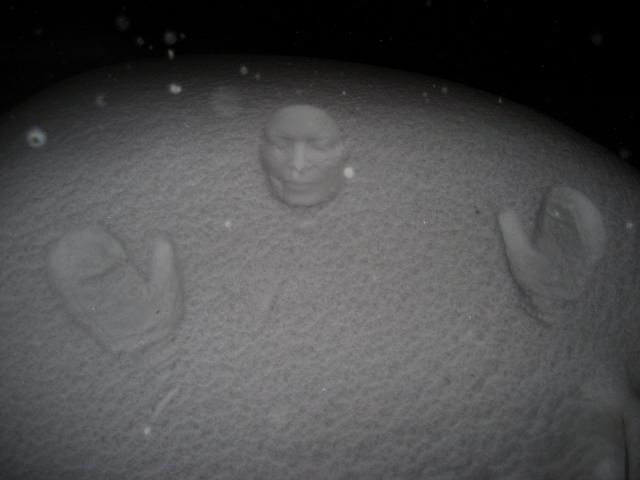 Bodyprints on snowy cars.