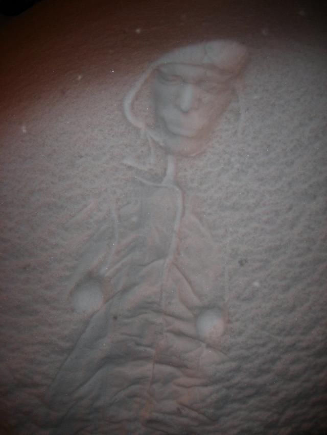 Bodyprints on snowy cars.