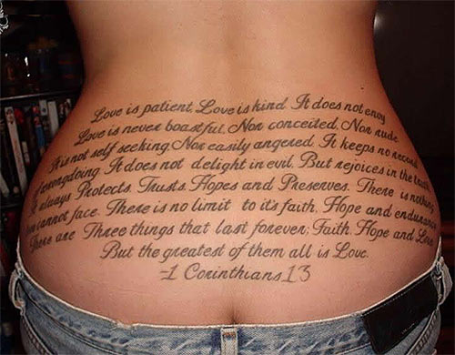 A tramp stamp of a bible verse.