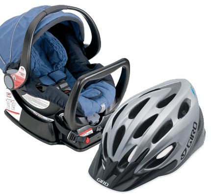 Both car seats and bicycle helmets are made to withstand one accident. If you buy them used and don't know their history, you are putting your life and your child's life in danger. Safety is not an area to take a bargain shortcut. Be sure to purchase these items new. Unlike bicycle helmets, other sports helmets football, skateboard, etc. are design