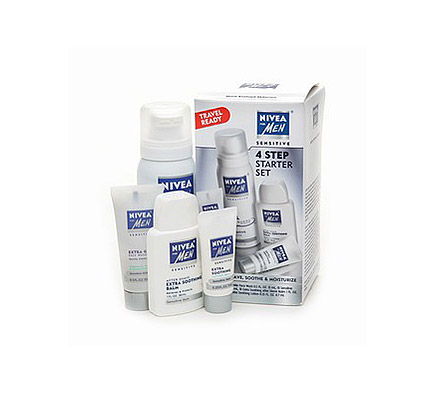 Cleanse, shave, soothe and moisturize in 4 easy steps with Nivea's 4 Step Starter Set that is travel ready. The kit includes an Extra Gentle Face Wash, Shaving Gel for Sensitive Skin, Soothing After Shave Balm, and an Extra Soothing Lotion.