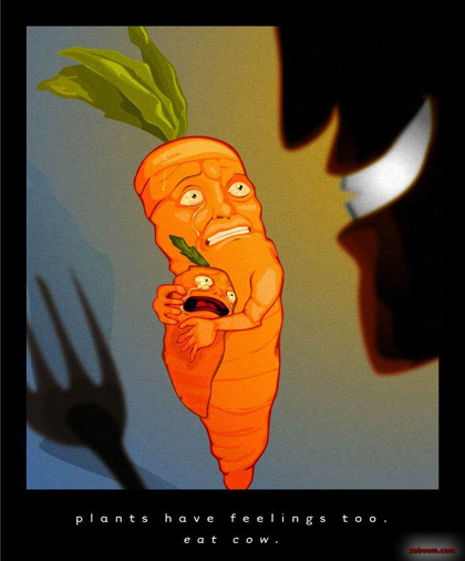 carrot vegan meme - plants have feelings too. eat cow.