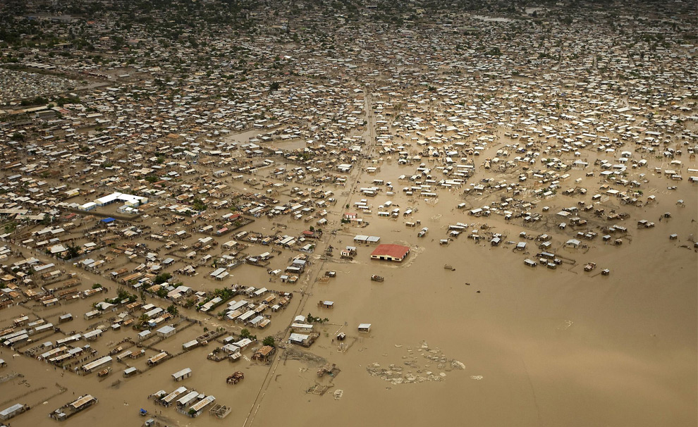 An aerial view of floods caused by Tropical Storm Hanna is seen in Gonaives, Haiti on September 3, 2008. Haiti's civil protection office said 37 of the 90 Hanna-related deaths had occurred in the port city of Gonaives. (REUTERS/Marco Dormino/Minustah) #