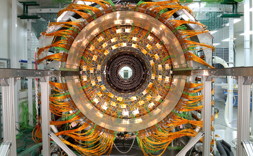 View of the Large hadron Collider's CMS (Compact Muon Solenoid) experiment Tracker Outer Barrel (TOB) in the cleaning room. The CMS is one of two general-purpose LHC experiments designed to explore the physics of the Terascale, the energy region where physicists believe they will find answers to the central questions at the heart of 21st-century particle physics. The Large Hadron Collider was scheduled to be up and running by the end of 2008, but electrical difficulties have set the date back to summer of 2009. (Maximilien Brice, Â© CERN) #