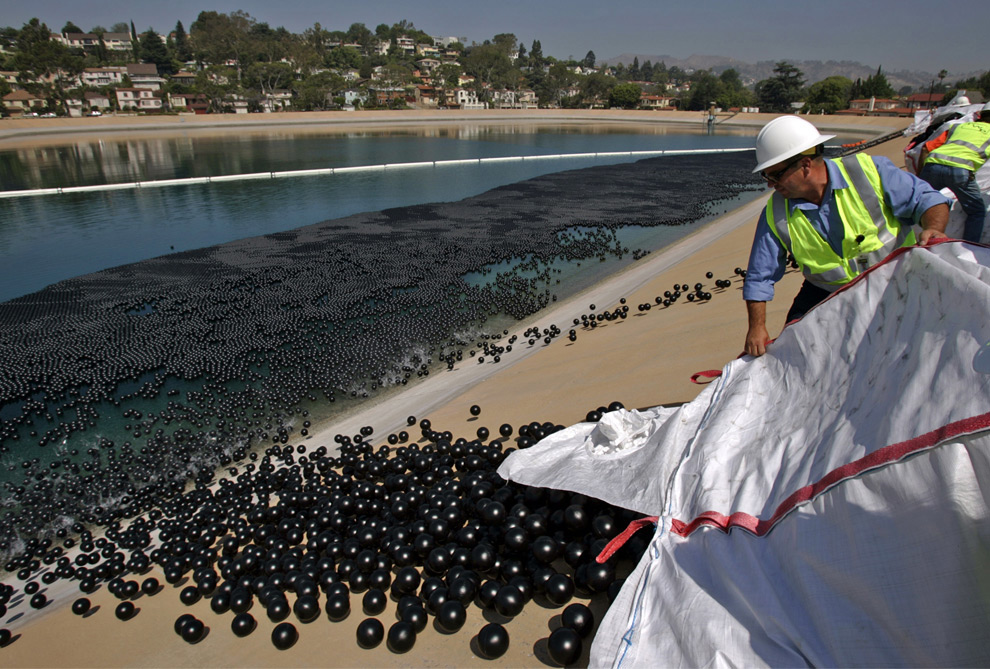 Department of Water and Power workers are emptying out bales of plastic balls in the Ivanhoe reservoir in Los Angeles on Monday, June 9, 2008. Department of Water and Power released about 400,000 black plastic 4-inch balls as the first installment of approximately 3 million to form a floating cover over 7 acres of the reservoir to protect the water from sunlight. When sunlight mixes with the bromide and chlorine in Ivanhoe's water, the carcinogen bromate can form. (Irfan Khan/AP) #