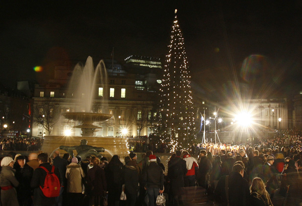  The 62nd annual Christmas Tree from Norway is lit in Trafalgar Square, in London, Thursday, Dec. 4, 2008. Every Christmas since 1947 the City of Oslo has give a Christmas tree to London in gratitude for the help Norway was given by Britain during World War II. (AP Photo/Alastair Grant) 
