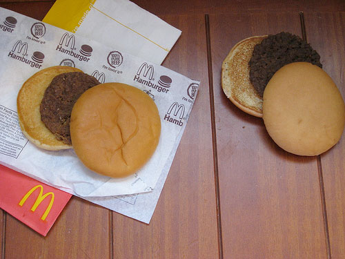 The McDonald's hamburger on the right is from 2008 the one on the left is from 1996. And they both look fairly edible.