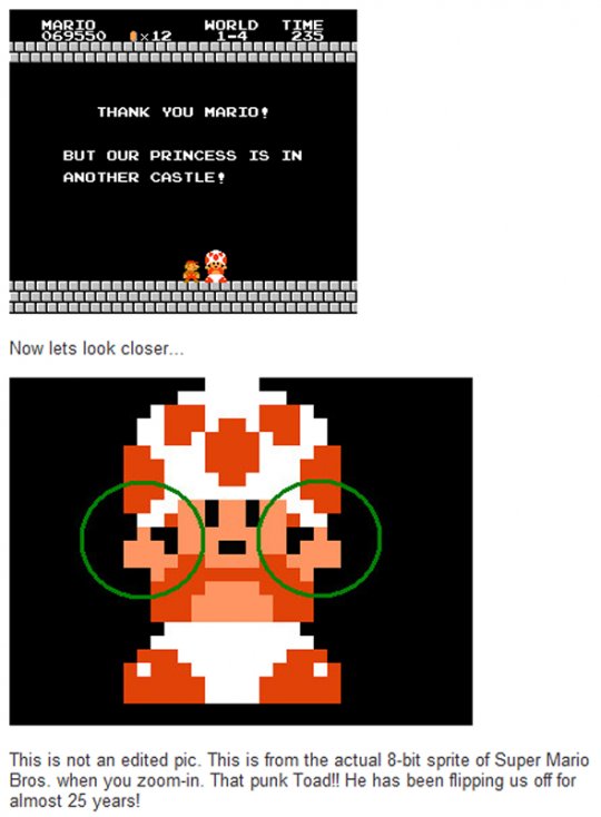 Remember beloved Toad from Super Mario Bros. Well that little bastard has been flipping us off the whole time....look!