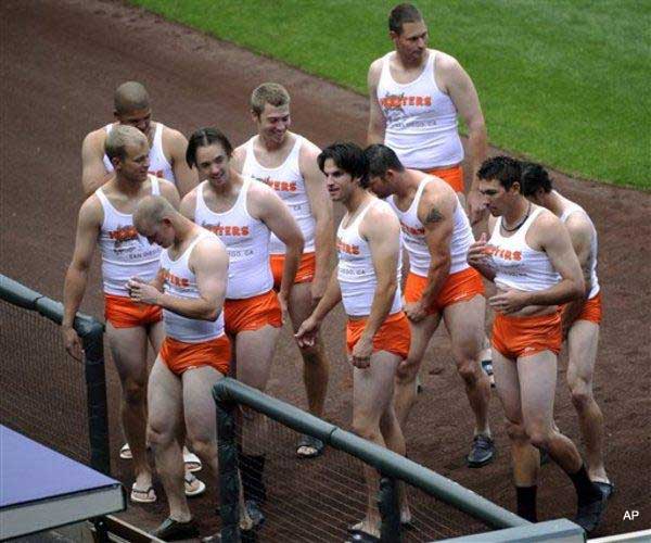 Padres give up on roster, field squad of Hooters girls instead.

These are actual ballplayers, Rookies actually, taking part of a hazing.