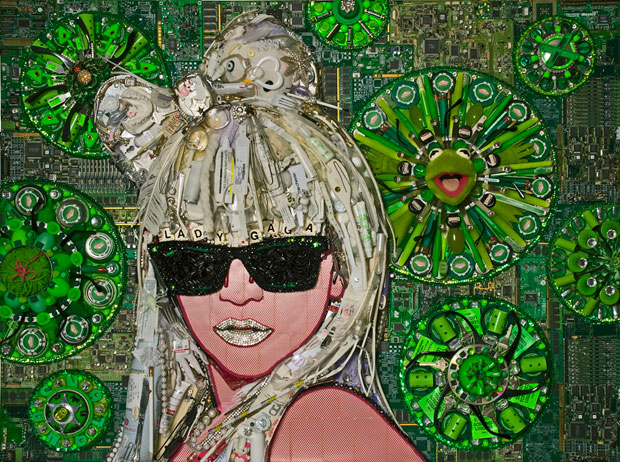 LADY GAGA, Hello Kitty merchandise from a Gaga photoshoot, poker chips, sunglasses, rhinestones, recycled electronic parts and a dismembered Kermit the Frog doll.