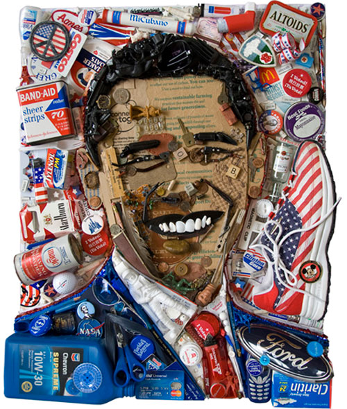 PRESIDENT BARACK OBAMA, Recycled red, white & blue trash including McDonalds wrappers, toy soldiers, cigarettes, a Costco card, and a pretty sweet sneaker.
