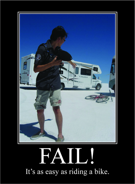 Guy falls off bike at the Salt Flats in Bonneville, Utah...scrapes the skin off both knees.