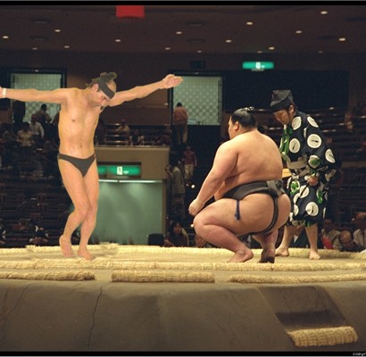 sumo wrestler drinking beer