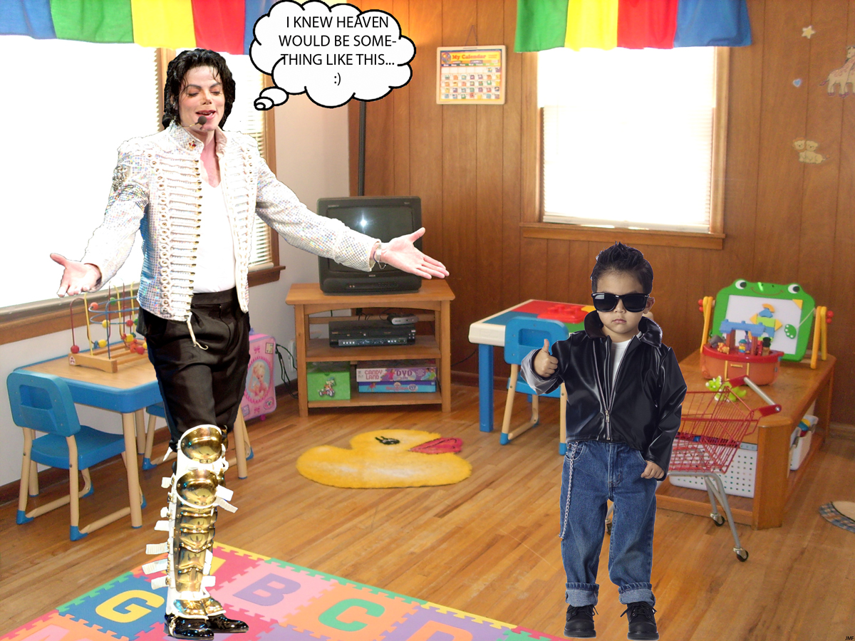 Michael Jackson's view on Heaven is a kiddy playroom with his new little friend.