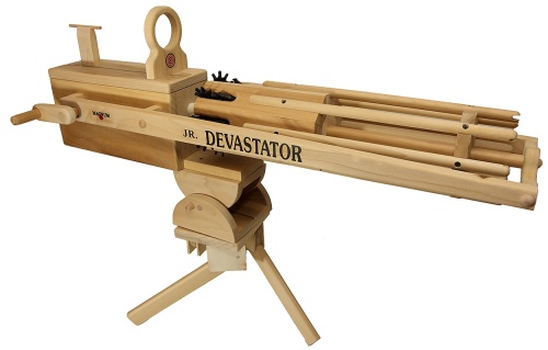 This thing fires 80 shots over 40 feet by cranking it. It is the rubber band gatling gun. I honestly do not know who would spend 500 bucks on this thing.