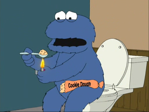 Cookie monster getting high off cookie dough on the toilet 