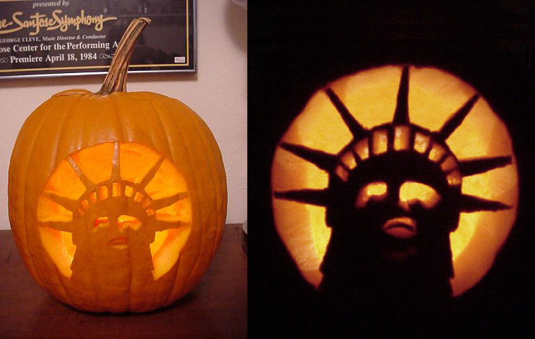 It wasn't my best carving, but this was the pumkin I carved the Halloween right after 9-11.  I think you may be able to tell it's the head of the Statue of Liberty.
