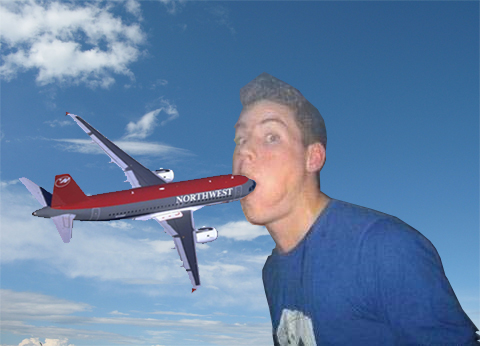 a man eating a plane