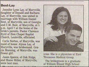 wedding announcement funny - BestLay Jennifer Lynn Lay, of Maryville, daughter of Donald and Barbara Lay, of Maryville, was united in marriage with William Daniel Best of Maryville, son of Georgia and C.M. Best, of Maryville, at 5 p.m. April 7 at the home
