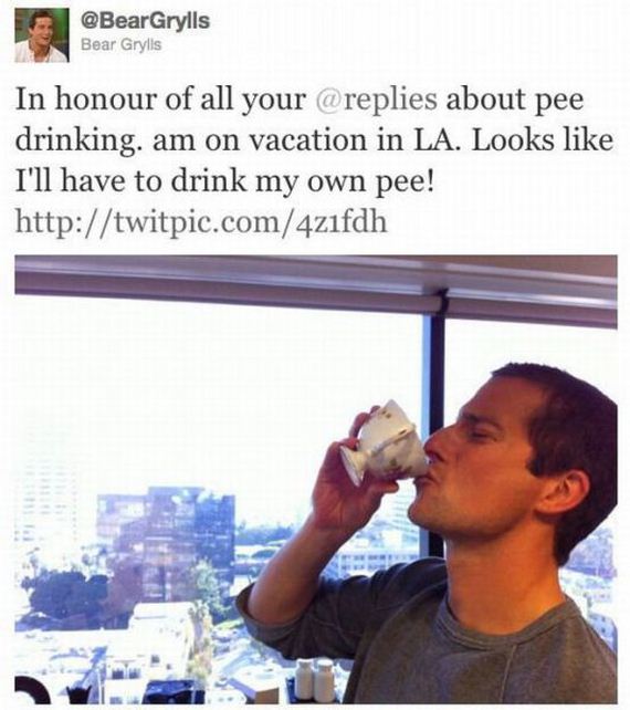 random pic bear grylls meme - Grylls Bear Grylls In honour of all your about pee drinking. am on vacation in La. Looks I'll have to drink my own pee!