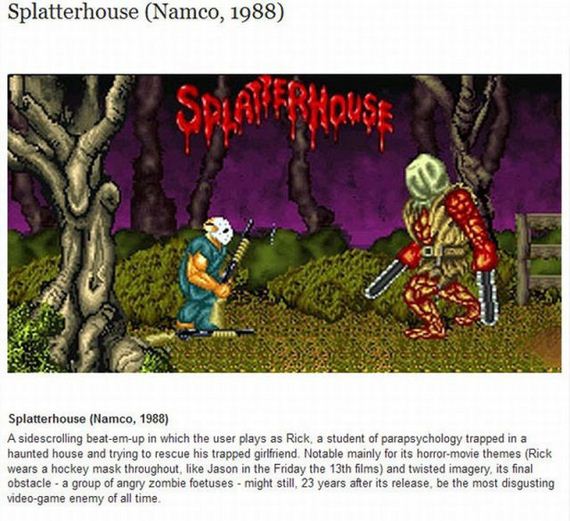 splatterhouse video game - Splatterhouse Namco, 1988 Spielplaust Splatterhouse Namco, 1988 A sidescrolling beatemup in which the user plays as Rick, a student of parapsychology trapped in a haunted house and trying to rescue his trapped girlfriend. Notabl