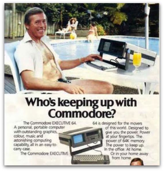 old computer ads - Who's keeping up with Commodore? The Commodore Executive 64 A personal, portable computer With outstanding graphics, colour music and astonishing computing capability, all in an easy to carry case The Commodore Executive 64 is designed 