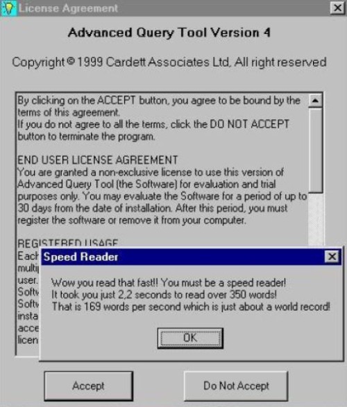 screenshot - License Agreement Advanced Query Tool Version 4 Copyright 1999 Cardett Associates Ltd. All right reserved By clicking on the Accept button, you agree to be bound by the terms of this agreement If you do not agree to all the terms, click the D