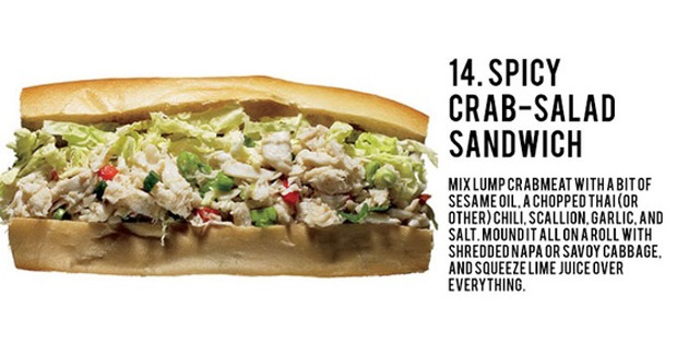 crab salad sandwich - 14.Spicy CrabSalad Sandwich Mix Lump Crabmeat With A Bit Of Sesame Oil. A Chopped That Or Other Chili, Scallion. Garlic, And Salt. Moundit All On A Roll With Shredded Napa Or Savoy Cabbage. And Squeeze Lime Juice Over Everything.