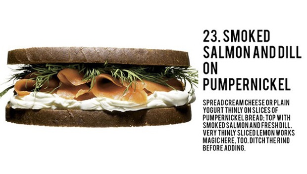 fast food - 23. Smoked Salmon And Dill On Pumpernickel Spread Cream Cheese Or Plain Yogurt Thinly On Slices Of Pumpernickel Bread Top With Smoked Salmon And Fresh Dill. Very Thinly Slicedlemon Works Magichere, Too.Ditch The Rind Before Adding