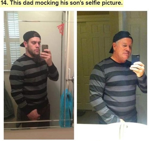 parents trolling their kids - 14. This dad mocking his son's selfie picture.