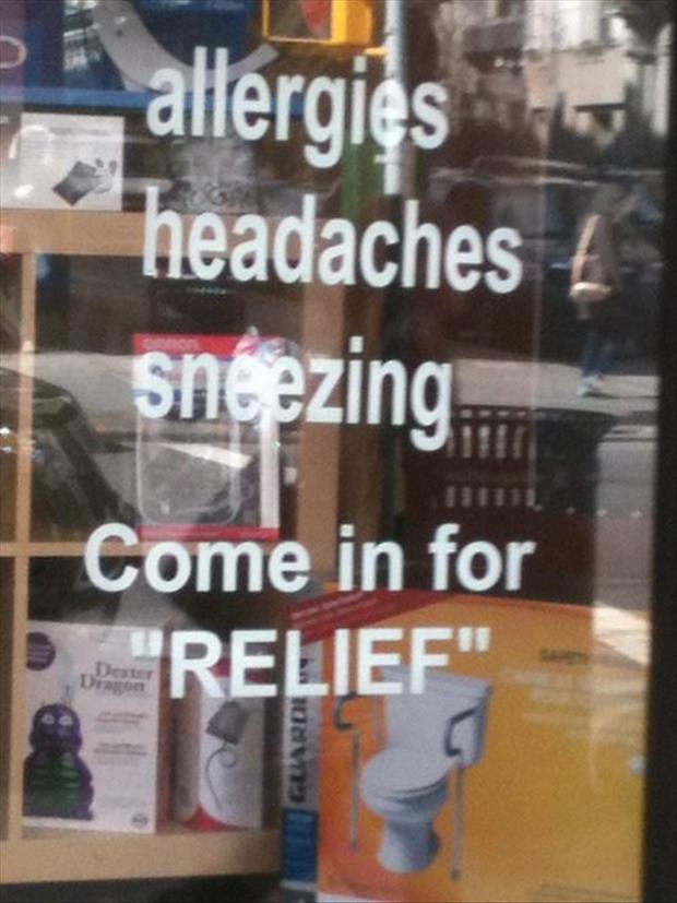display window - allergies headaches sneezing Come in for Relief" Guardi