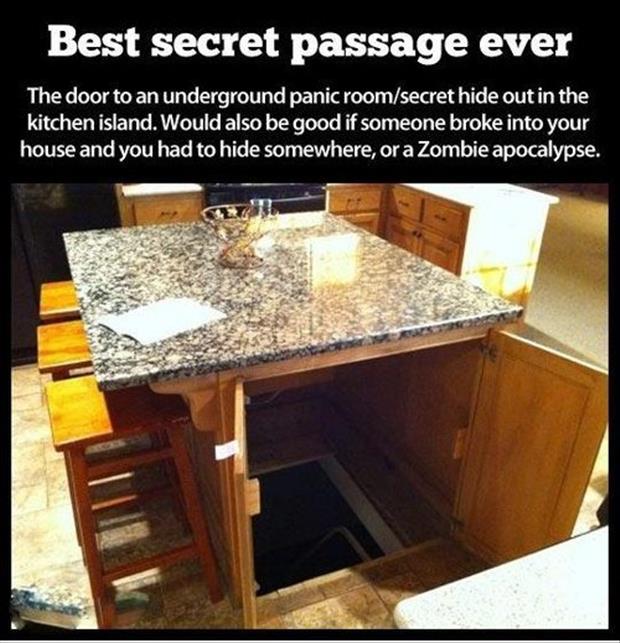 man cave secret room under kitchen island - Best secret passage ever The door to an underground panic roomsecret hide out in the kitchen island. Would also be good if someone broke into your house and you had to hide somewhere, or a Zombie apocalypse.