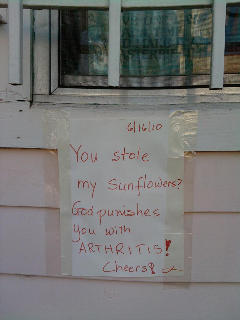 angry notes - 61610 You stole my Sunflowers? God punishes you with Arthritis! Cheers! t
