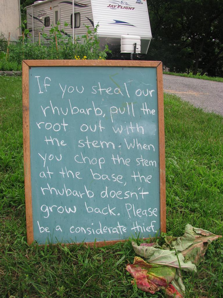 hilarious notes - f Jayco Jay Flight If you steal our rhubarb, pull the root out with the stem. When you chop the stem at the base, the thubarb doesn't grow back. Please be a considerate thief.