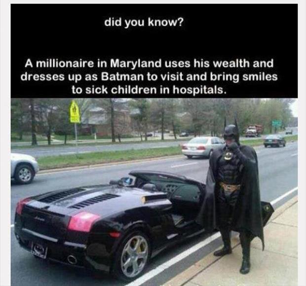 batmobile lamborghini - did you know? A millionaire in Maryland uses his wealth and dresses up as Batman to visit and bring smiles to sick children in hospitals.