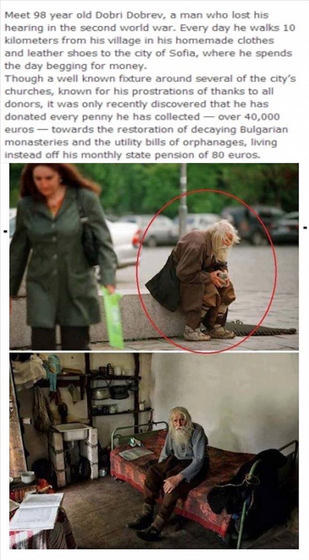 dobri dobrev - Meet 98 year old Dobri Dobrev, a man who lost his hearing in the second world war. Every day he walks 10 kilometers from his village in his homemade clothes and leather shoes to the city of Sofia, where he spends the day begging for money. 