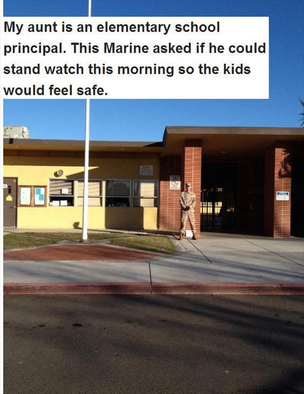 Sandy Hook Elementary School shooting - My aunt is an elementary school principal. This Marine asked if he could stand watch this morning so the kids would feel safe.