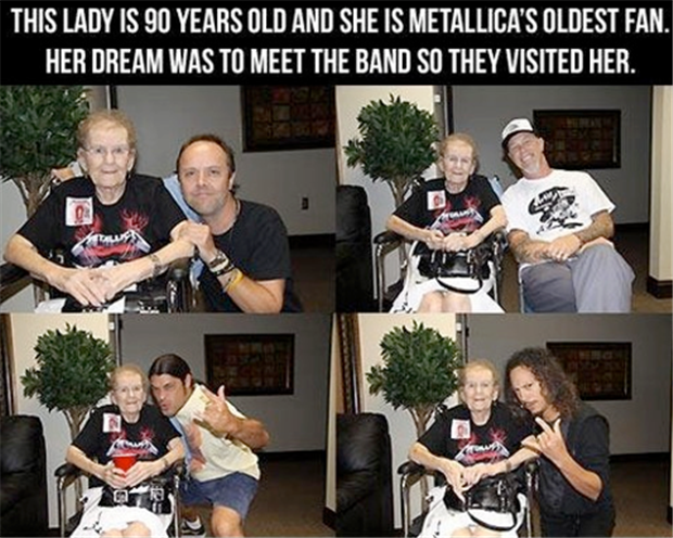 metallica oldest fan - This Lady Is 90 Years Old And She Is Metallica'S Oldest Fan. Her Dream Was To Meet The Band So They Visited Her.