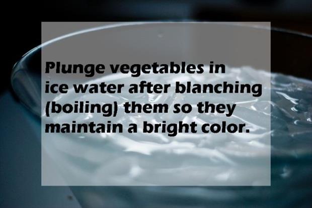 jbs - Plunge vegetables in ice water after blanching boiling them so they maintain a bright color.