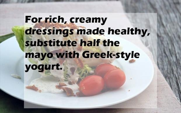 egg - For rich, creamy dressings made healthy, substitute half the mayo with Greekstyle yogurt.