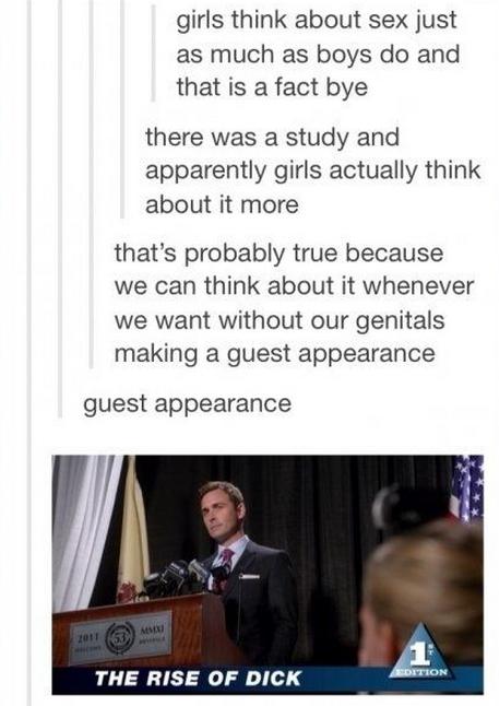 tumblr - supernatural funny - girls think about sex just as much as boys do and that is a fact bye there was a study and apparently girls actually think about it more that's probably true because we can think about it whenever we want without our genitals