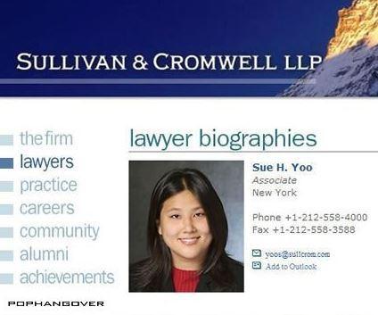 born for the job funny names people have - Sullivan & Cromwell Llp lawyer biographies Sue H. Yoo Associate New York the firm lawyers practice careers community alumni achievements Phone 12125584000 Fax 12125583588 B yoossulicrom.com Add to Outlook Pophang