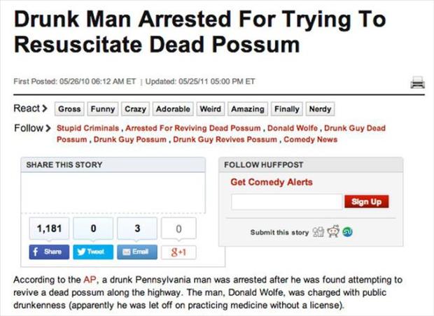 funny drunk stories - Drunk Man Arrested For Trying To Resuscitate Dead Possum First Posted 052610 Et Updated 052511 Et React > Gross Funny Crazy Adorable Weird Amazing Finally Nordy > Stupid Criminals. Arrested For Reviving Dead Possum, Donald Wolfe, Dru
